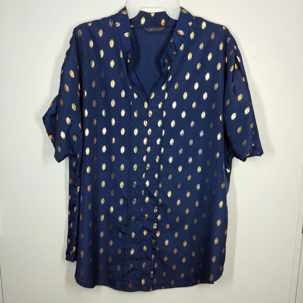 Shein Curve Top Womens 2XL Blue Gold Foil Polka Dot Short Sleeve V Neck Blouse